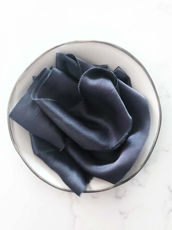 Handcrafted silk ribbon in Midnight with frayed edges